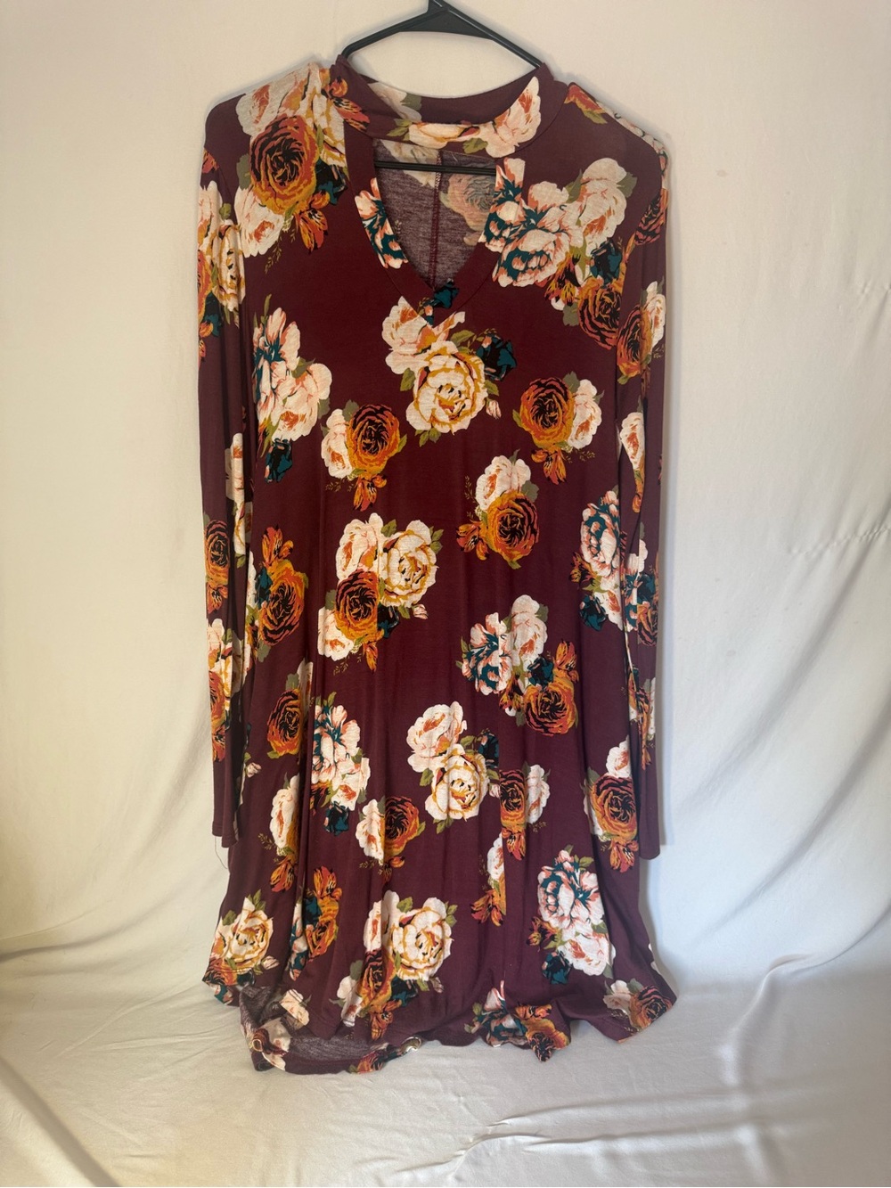 ODDY Burgundy Floral Maxi Dress with Choker Neck